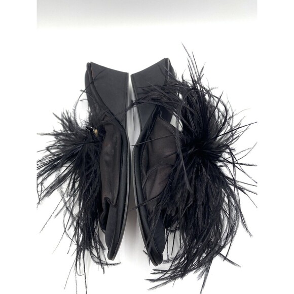 Vintage Madye's Fru-Fru Fancy Wedge Heel Black Slippers w Feathery Detail L 8-9 - Picture 6 of 12